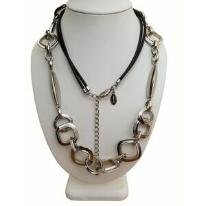CHICO'S Statement Silver Tone Long Double Strand Corded Geometric‎ 42" Necklace